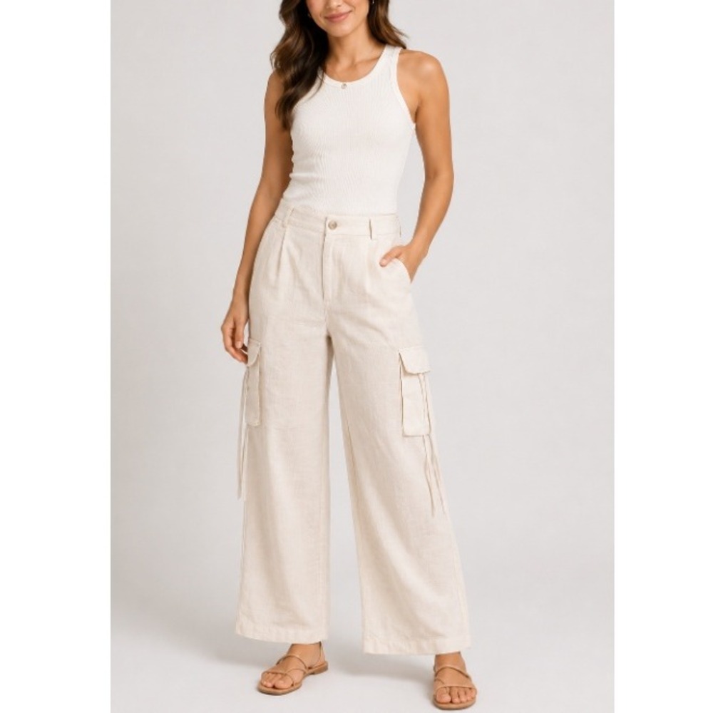 Active USA Women's Naturals Linen Blend Wide Leg Cargo Pants Size S NWT